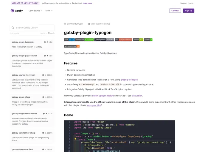 Gatsby Plugin Typegen screenshot