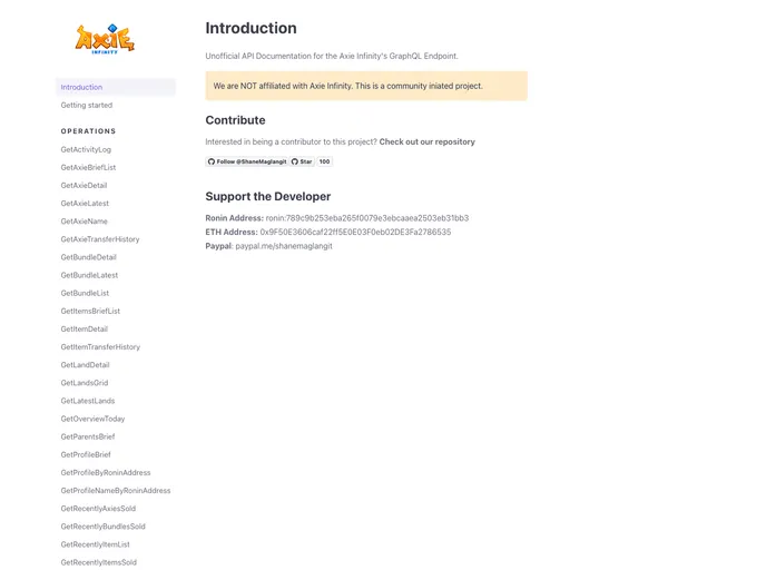 Axie Graphql Documentation screenshot